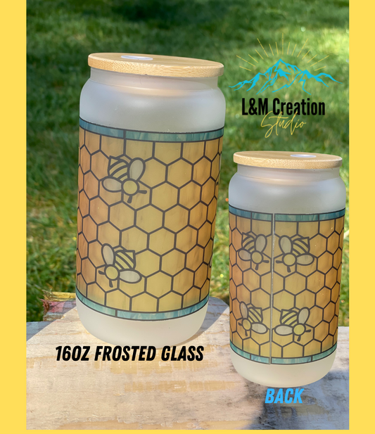 16oz Glass Can_ Bee Stained Glass