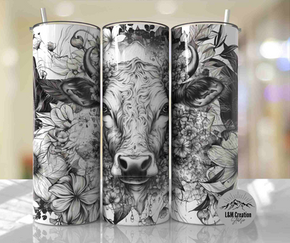 20oz Tumbler_ Cow _Black and white