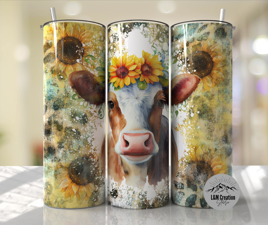 20oz Tumbler_ Cow sunflowers